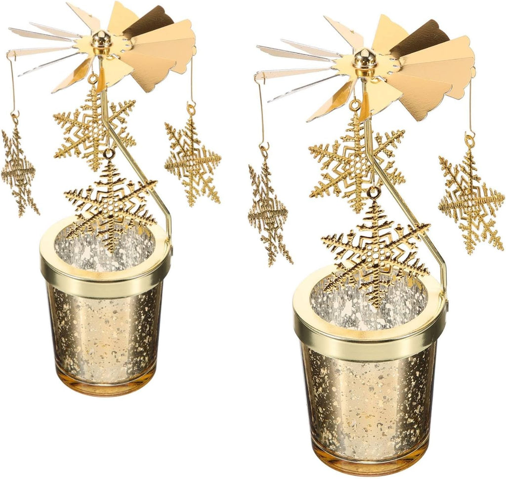 Holibanna Rotating Candlestick Christmas Carousel Tea Light Gold Candle Holder (2PCS Snowflake)
