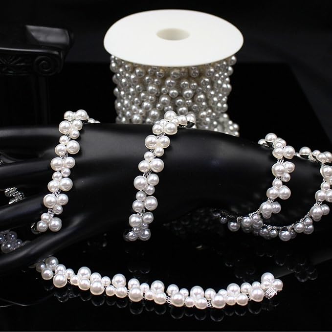 1 Yard Pearl Trim Chain String Silver Applique Fringe Ribbon Strips Beads Sewing Dress DIY Party Wedding Bouquet for Decoration Bridal Costume Embellishment