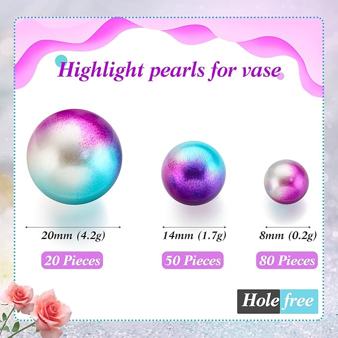 150 Pieces Vase Filler Faux Pearls Vase Makeup Beads No Hole Gloss Bead Mixed Sizes Round Pearl for Home Party Wedding Decor, 8/14/20 mm(Rainbow)