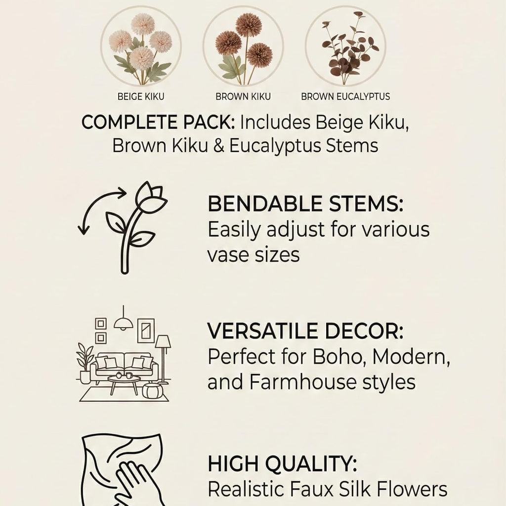 artificial beige & brown kiku flowers with eucalyptus, view 9