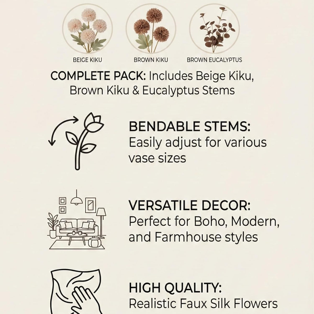 artificial beige & brown kiku flowers with eucalyptus, view 9