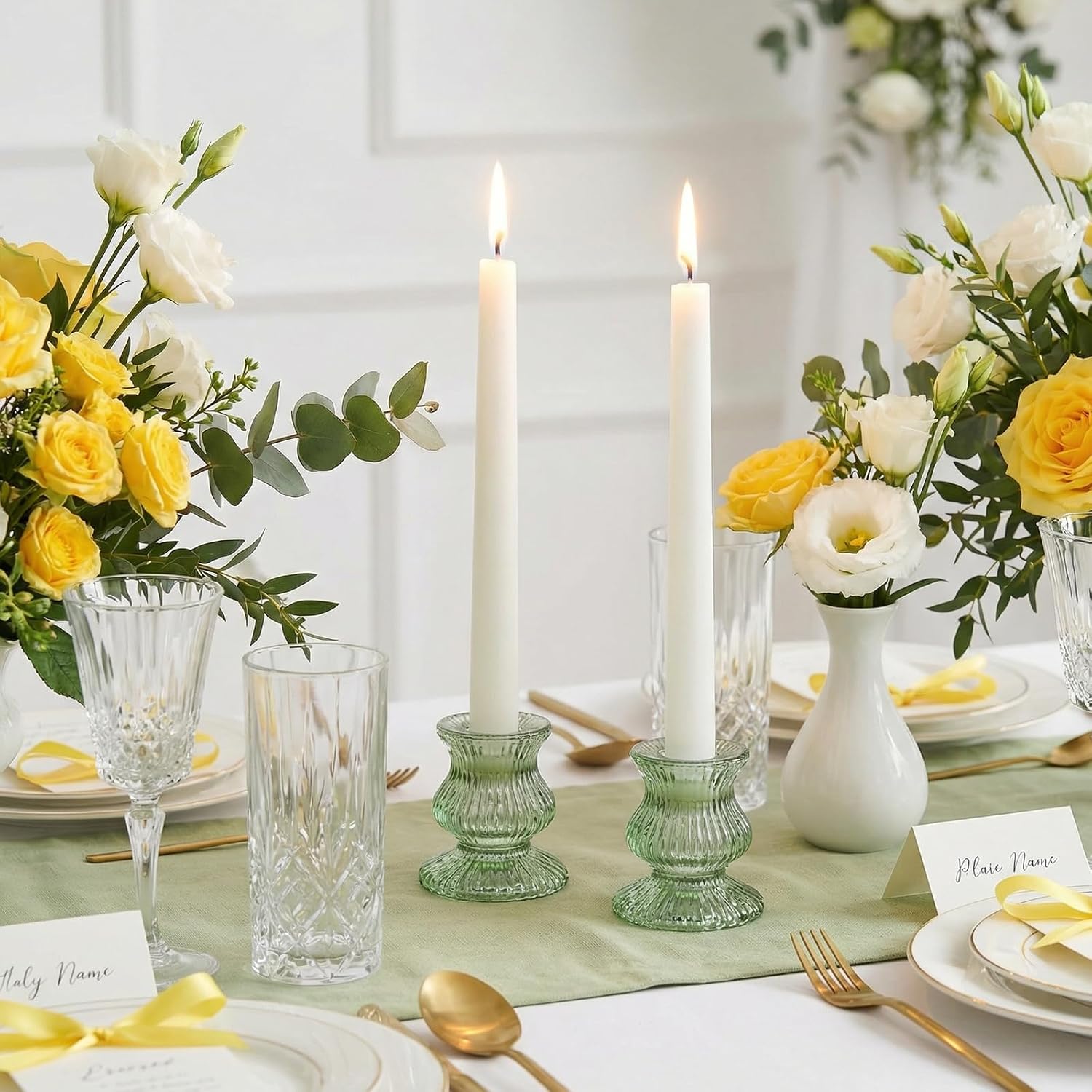 Green Glass Candle Holders 12 Pcs, Ribbed Taper Candle Holders Bulk, Vintage Candlestick Holders for Sage Green Wedding Centerpieces, Christmas Table Decor, Party & Easter Home Decor