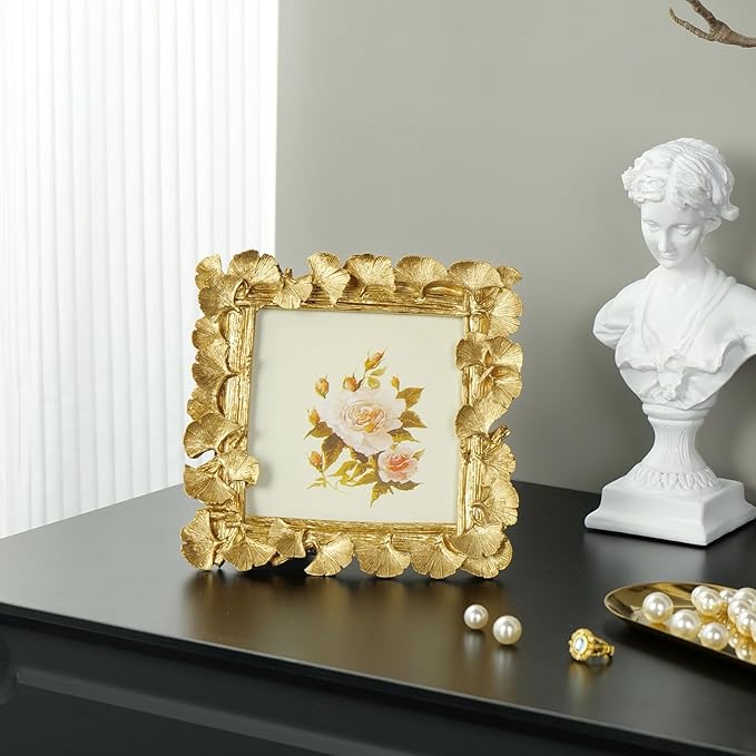 Cuspin Vintage Gold 5x5 Picture Frame, Gold Ornate Leaf Textured Hand-Crafted Resin with Glass Front, Antique Square Photo Frame for Tabletop Display, Retro Design Home Decor