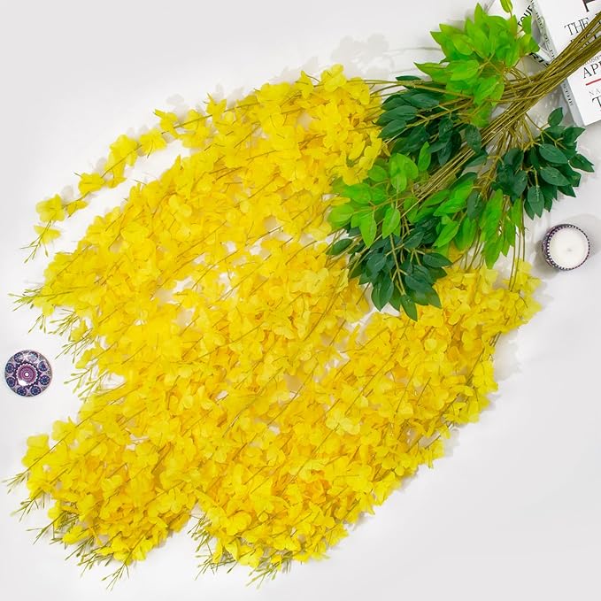 Wisteria Hanging Flowers 12 Pack Wisteria Artificial Flowers Fake Silk Flowers String Vine Ratta Hanging Garland for Home Garden Party Wedding Backdrop Arch Decor (Yellow)