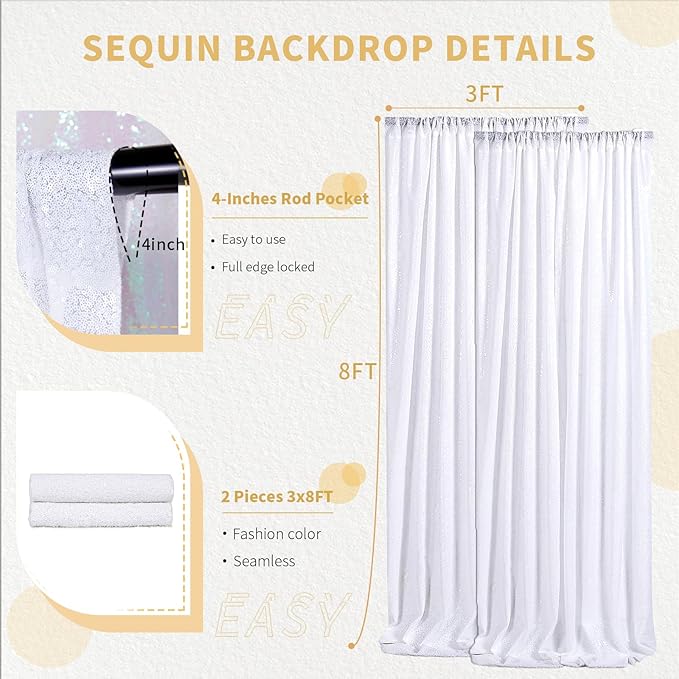 3x8FT White Backdrop Curtains 2 Panels Sequin Fabric Drapes Wedding White Curtain Backdrop Background for Birthday Party