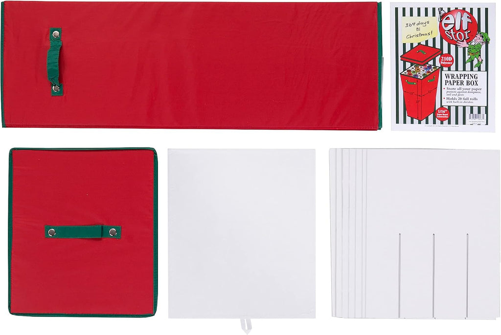 Wrapping Paper Storage Box- Holds 20 Rolls of 30” Gift Wrap-Upright Container with Lid, Dividers & Handles-Christmas & Birthday Wrap by Elf Stor (Red)