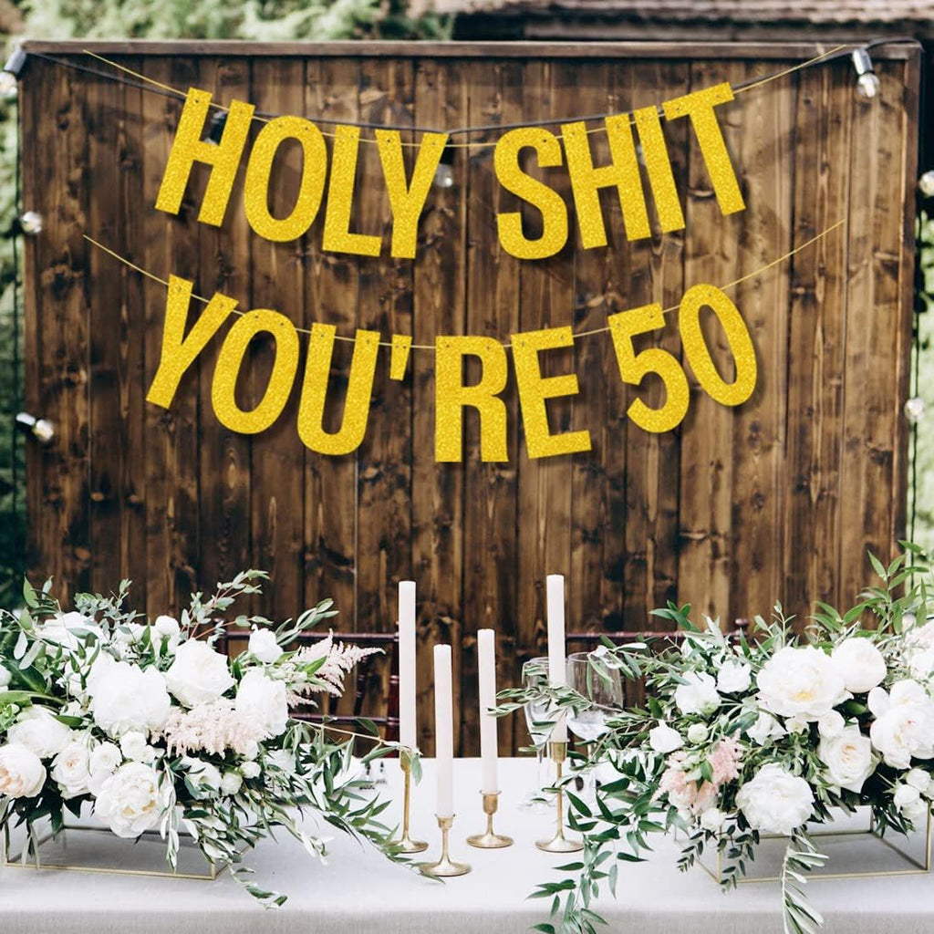 50th Birthday Decorations Banner for Women Men Pre-Strung Gold Glitter Birthday Decoration Sign Funny 50th Bday Supplies Banner