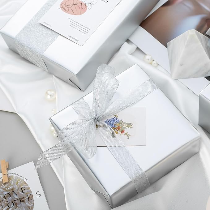 Garbendy Silver Wrapping Paper - Solid Color Metallic Sparkle Paper Perfect for Birthday, Wedding, Baby Shower, Party - 17 Inch X 33 Feet