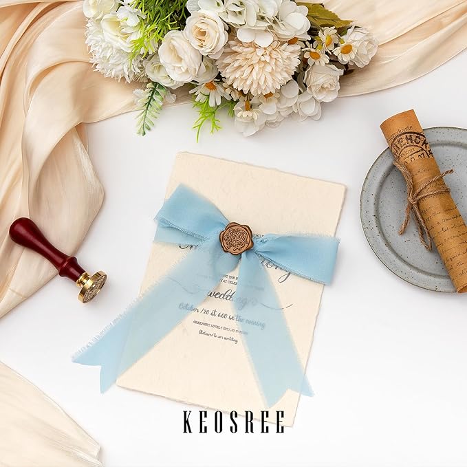 3 Rolls Light Blue Handmade Chiffon Ribbon,1.5" x 21Yd Frayed Fringe Silk Ribbons (3 Rolls *7Yd) for Gifts Wrapping, Wedding Invitations, Bridal Bouquets, Decorations