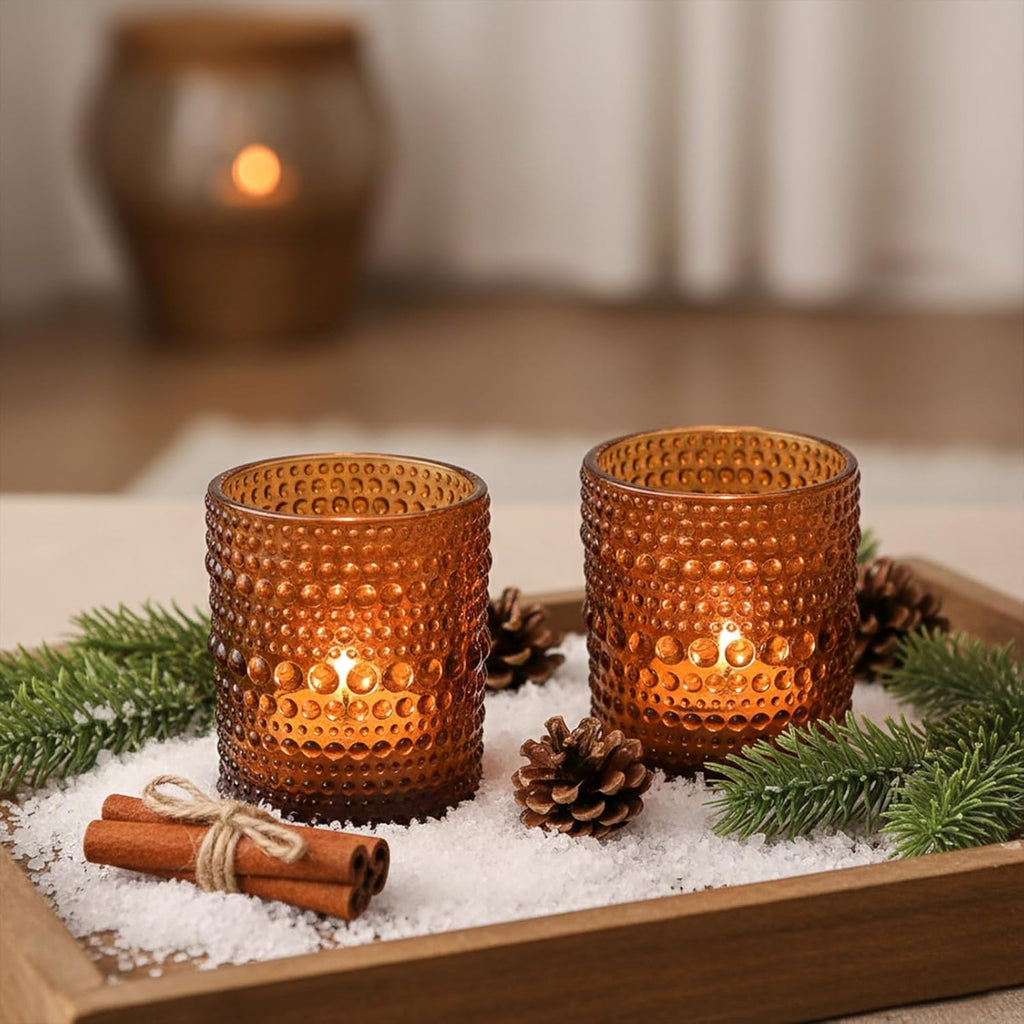 12Pcs Amber Votive Candle Holders 2x2.5in, Glass Tea Light Candle Holder for Wedding Table Decor & Christmas Thanksgiving
