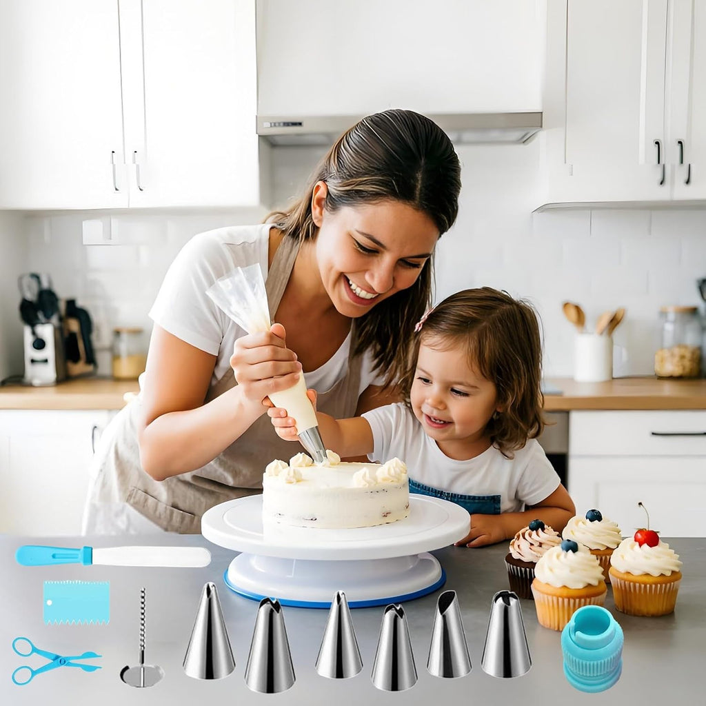 ANSLYQA Cake Decorating Kit, 193 Pcs Baking Tools | Cake Turntable, Leveler, 24 Numbered Icing Tips, 2 Spatulas, 3 Scrapers, 50 Pastry Bags, 50 Cupcake Liners & More, (Blue)
