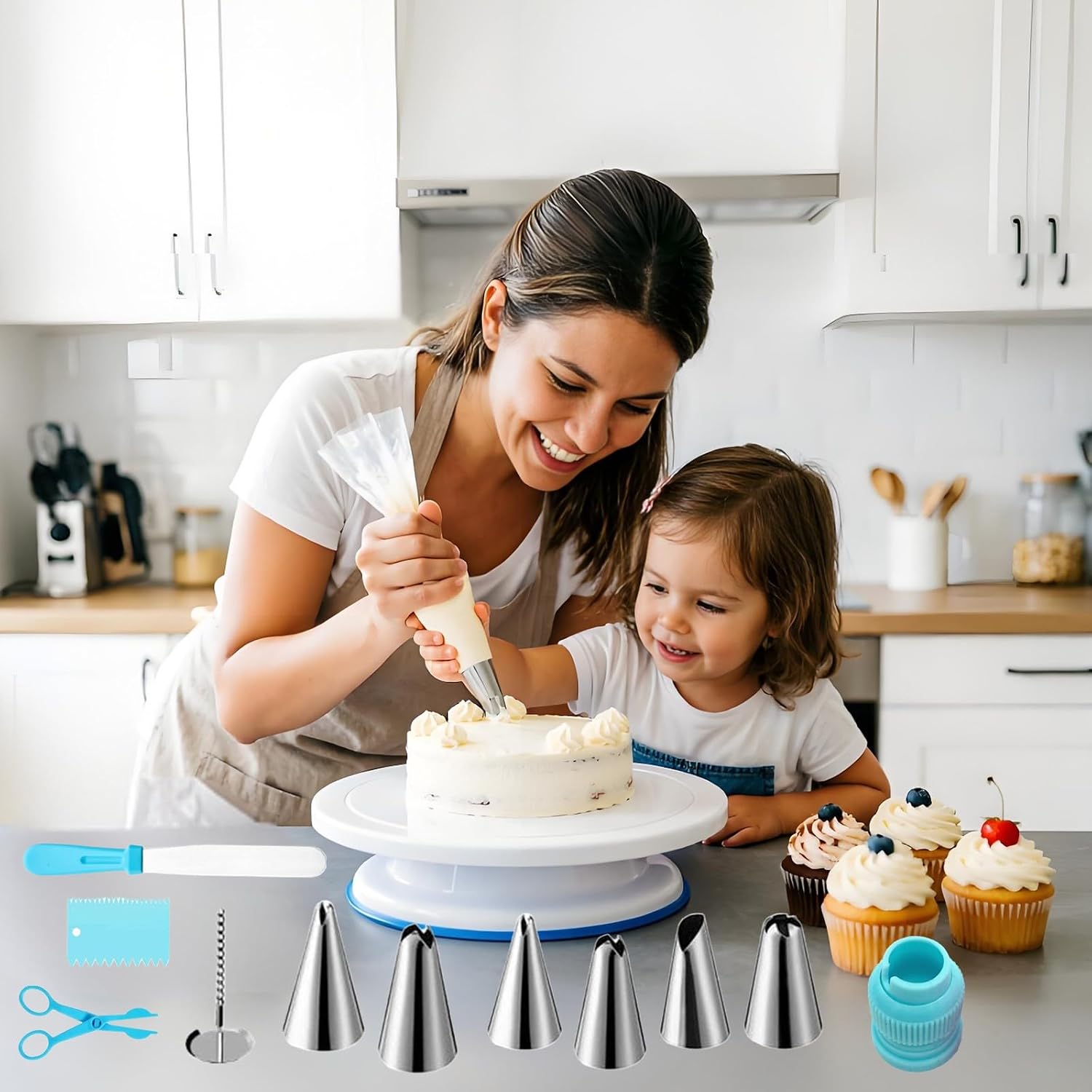 ANSLYQA Cake Decorating Kit, 193 Pcs Baking Tools | Cake Turntable, Leveler, 24 Numbered Icing Tips, 2 Spatulas, 3 Scrapers, 50 Pastry Bags, 50 Cupcake Liners & More, (Blue)