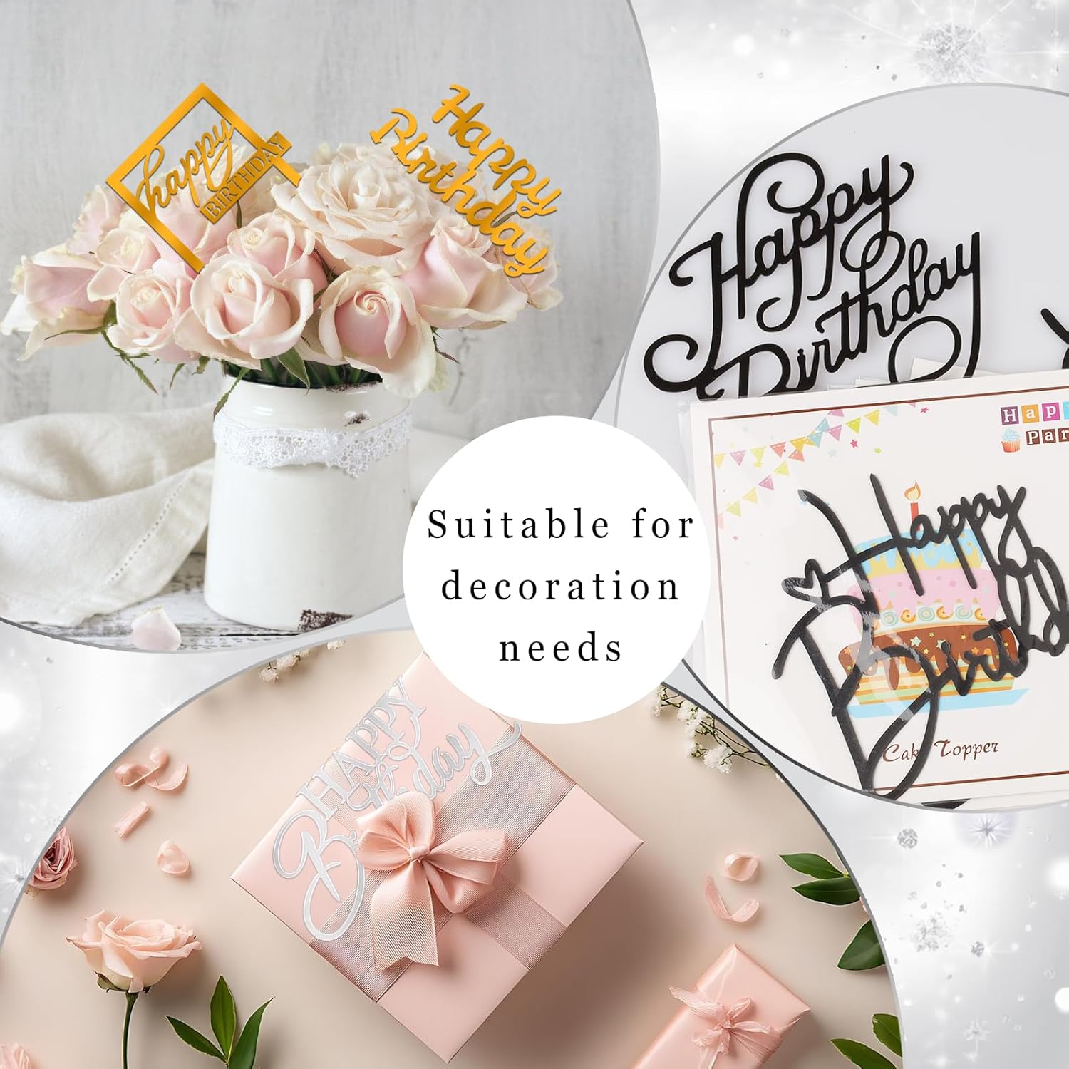 30PCS Happy Birthday Cake Topper Acrylic Cake Toppers for Party Supplies | Mirror Design Total 10 Styles Double-Sided DIY Gift Gold Silver Black Mixed