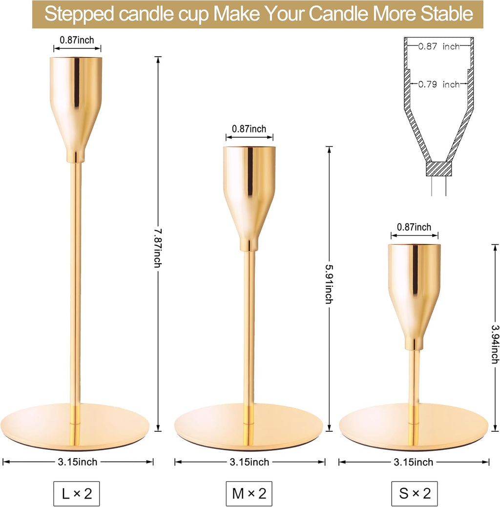 French Gold Taper Candle Holders for Wedding Table Centerpiece,Tall Taper Candlestick Holders Bulk Set of 6,Metal Candle Stick Holders for Dinning or Mantel Centerpiece,Party Home Decor