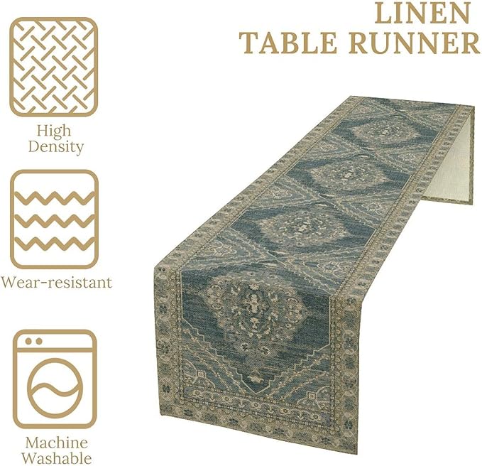 Boho Floral Vintage Table Runner, Blue Teal Retro Flower Rustic Country Farmhouse Pattern for Home Kitchen Table Decor Dining Coffee Room Party Decor 13x120in