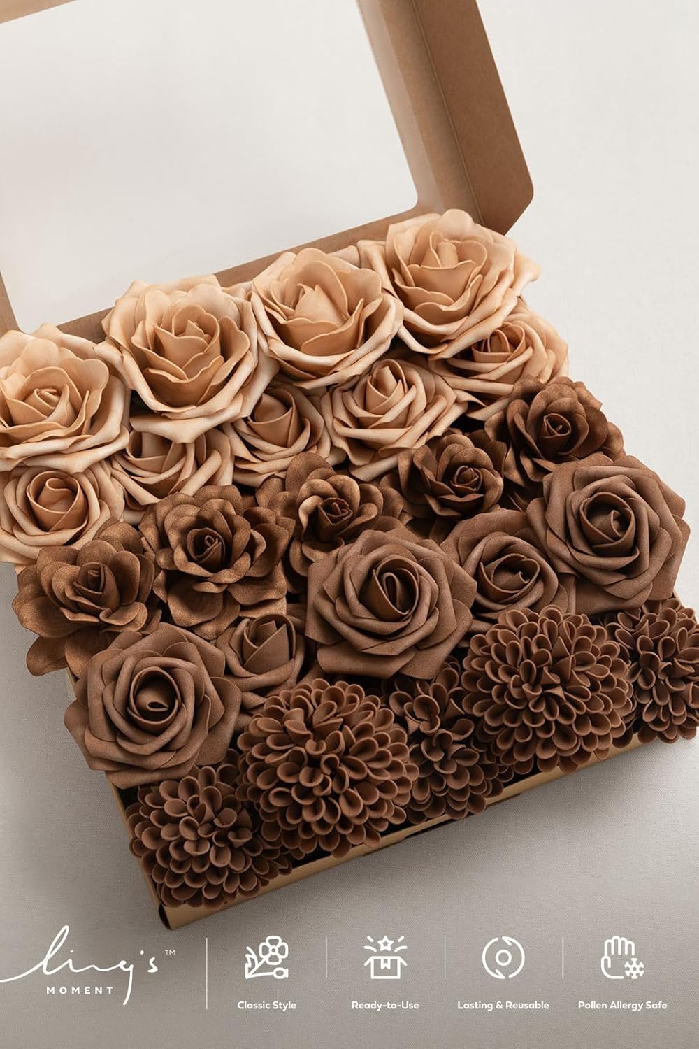 Ling's moment Artificial Flowers Fake Roses Faux Gardenia Foam Brown Beige | Silk Flower, Real Touch Filler Flower, Indoor Outdoor Decor, Table Centerpieces, Wedding Bouquets, Floral Arrangments, 24pcs