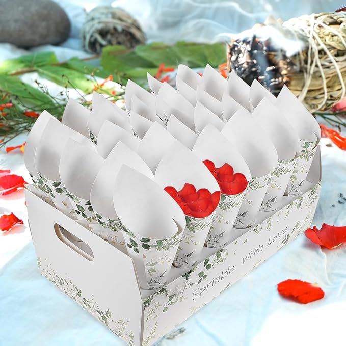 CIMAXIC Wedding Confetti Cone Holder Box - Flower, Paper, Petal Cones - White Paper Cup Candy Stand