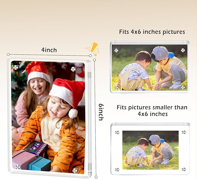 6 Pack Magnetic Picture Frames for Refrigerator 4x6, Acrylic Fridge Magnet Frame, Stylish Clear Framless Photo Frame for Home, Office, School Locker Display