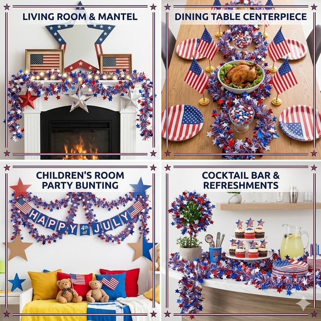 4th of July Garland, 50Ft Red White Blue Tinsel Patriotic Decor – Golf Cart Car Parade Boat Tree Outdoor Indoor, Memorial Day 250th Anniversary Independence Day Party