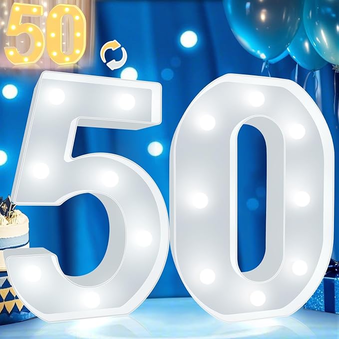 Pooqla 50th Birthday Decoration for Woman Man, Decorative LED Light Up Numbers, Marquee Numbers 50 Sign for Party Backdrop 50th Wedding Anniversary Decor, Warm White and Cool White Number 50