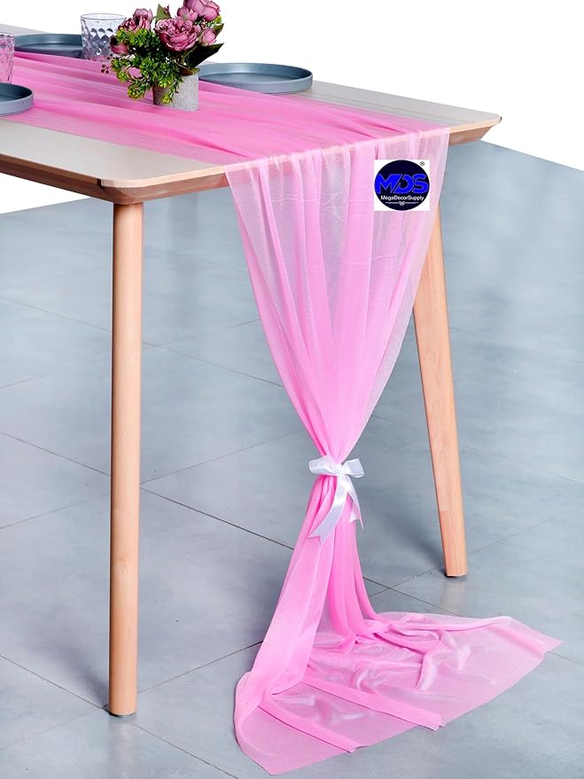 MDS 20 Pack 10ft Chiffon Table Runner 29 x 120 Inches Sheer Wedding Runner Romantic Rustic Table Runner for Wedding Decorations, Birthday Parties, Bridal Shower Party Arch Decor - Bubblegum Pink