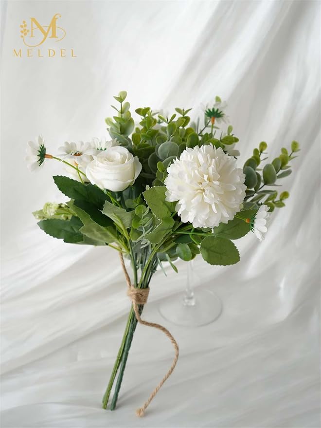 Meldel 3 Pcs Bouquet Rose Artificial Fake Flowers Eucalyptus Plants Faux Silk Flower Arrangements Wedding Bouquets Decorations Floral Table Centerpieces for Home Kitchen Garden Party Decor (White)