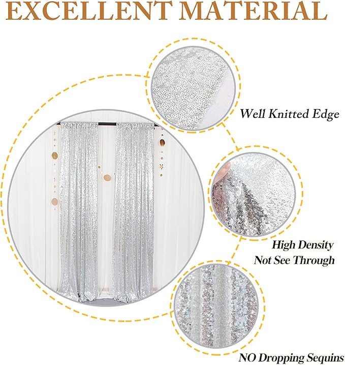 ShinyBeauty Silver Backdrops 2 Pieces Sequin Curtains 4FTx7FT Photoshoot Background Shimmer Backdrop Curtain Panels Sparkle Backdrop for Birthday,Wedding,Party Studio Decor(8FTX7FT)