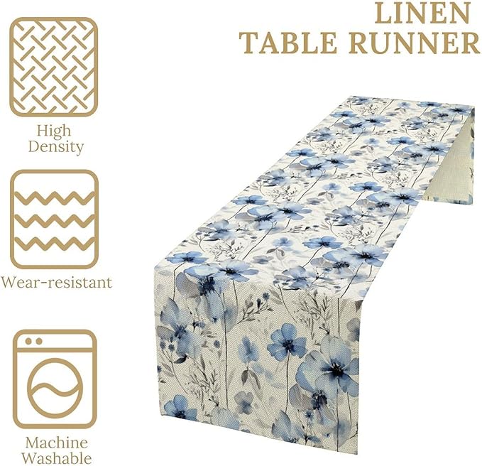 Watercolor Floral Table Runner, Blue Poppy Flower Seasonal Spring Summer Table Runner for Kitchen Dinning Table Runner Decor Home Wedding Party Holiday, 13x108 Inch