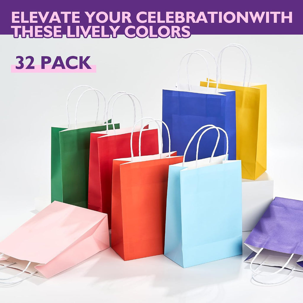 32 Pack Paper Gift Bags with Handles, 5.8"×3.2"×8.25" Party Favor Bags, Gift Bags, Small Gift Bags with Handles, Party Bags, Small Goodie Bags Bulk for Birthday, Crafts, Wedding, Party Supplies (8 Colors)