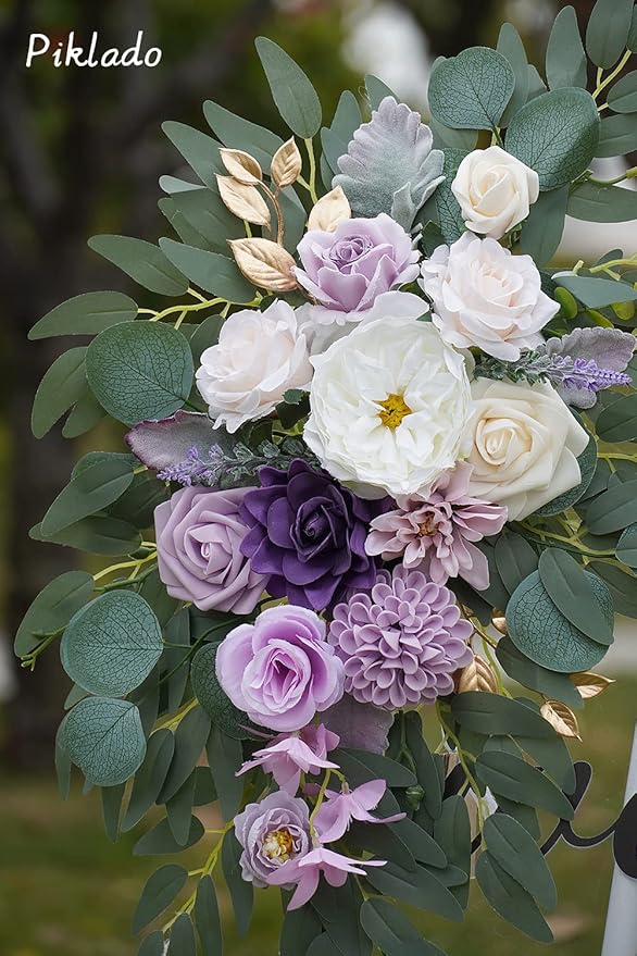 Faux Flower Swag Set of 2 for Wedding Welcome Signs Floral Swag Wedding Reception Ceremony Signs Decor (Purple)