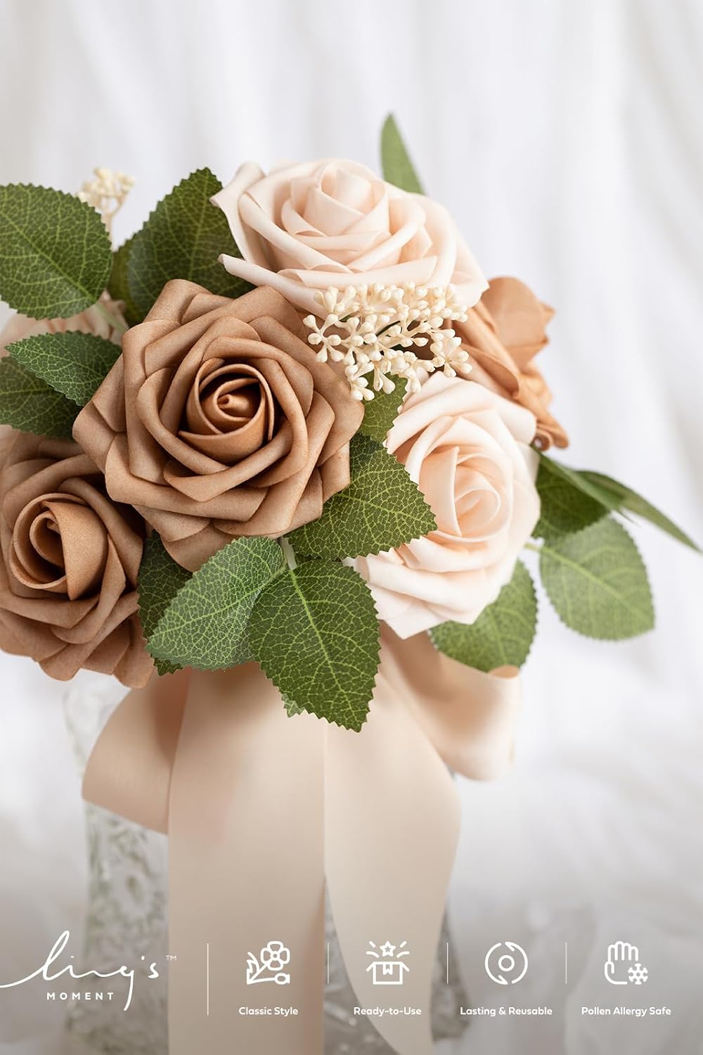 Ling's moment Artificial Flowers 50Pcs Ivory Roses Decor w/Stems,3" DIY Foam Floral for Wedding Bouquet/Centerpieces, Outdoors Party Backdrop, Room/Table, and Garden/Pot Decorations