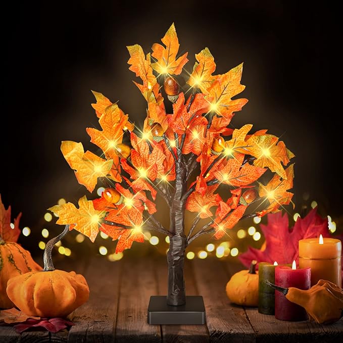 18 Inch Fall Lighted Maple Tree with 36 LEDs, 6 Acorns, Timer Battery Operated Tabletop Artificial Tree for Autumn Thanksgiving Halloween Christmas Harvest Indoor Decorations