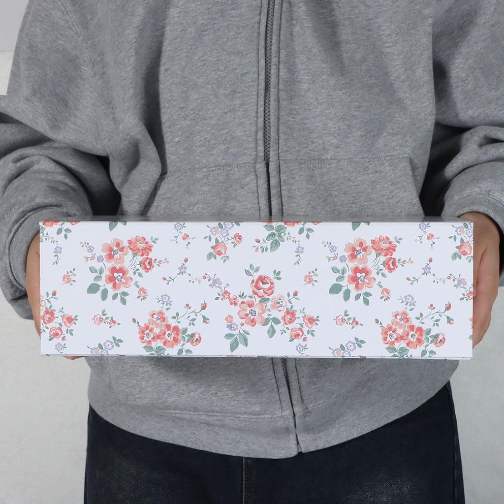 LFBOX Rose Floral Gift Box with Magnetic Lids 1 Pack | Large Bridesmaid Proposal Boxes 13.8x8.3x4.4 in, Rectangle Wedding Decorative Storage Box