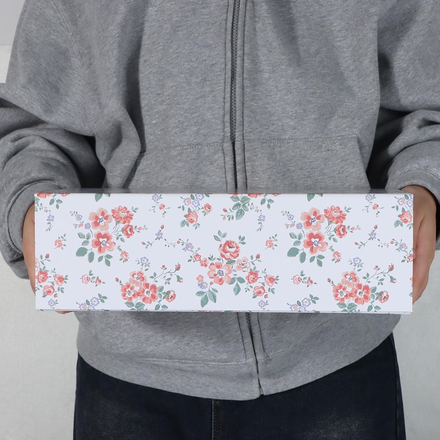 LFBOX Rose Floral Gift Box with Magnetic Lids 1 Pack | Large Bridesmaid Proposal Boxes 13.8x8.3x4.4 in, Rectangle Wedding Decorative Storage Box