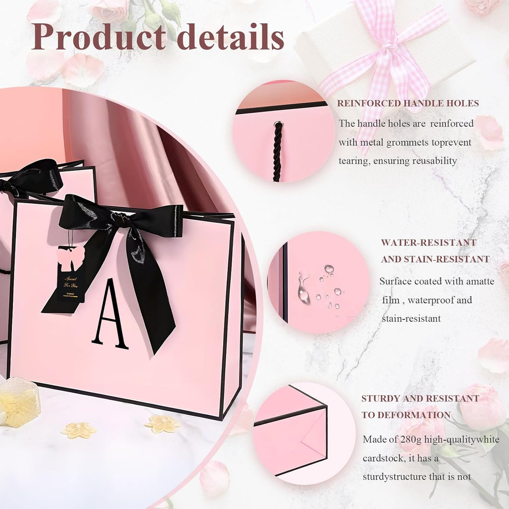 ZUKEPU Birthday Gift Bag, Personalized Initial Pink Gift Bags for Women & Girls, Medium Valentines Gift Paper Bags with Card and Tissue Paper, Stands up perfectly for Weddings, Party & All Holidays (Pink, A-Medium)