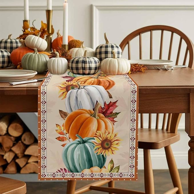 Fall Thanksgiving Southwest Cotton Linen Table Runner for Dining Kitchen, Orange Pumpkins Wedding Outdoor Party Rustic Tablerunners Decoration, Sunflower Dresser Scarf Tablecloth Runners 13x48 Inches