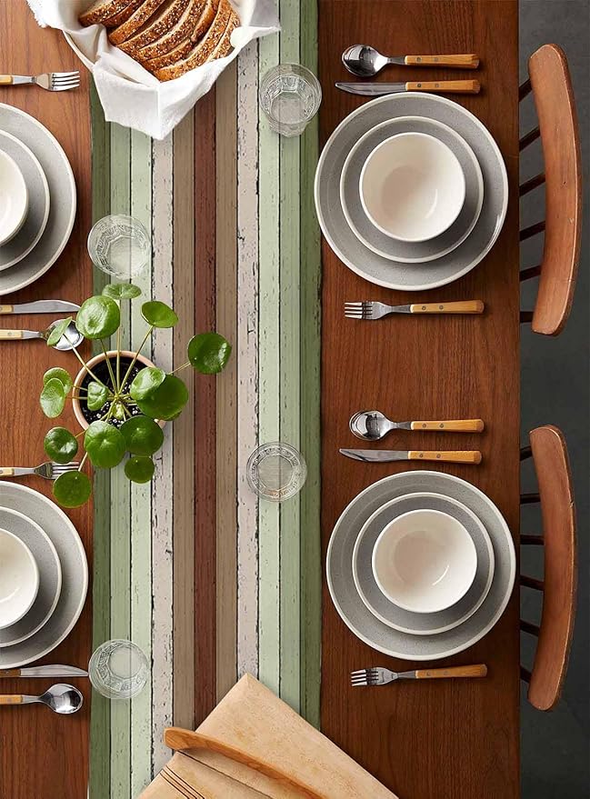 Sage Green Wooden Cotton Linen Table Runner for Dining Kitchen, Wedding Outdoor Party Tablerunners Decoration, Vintage Country Retro Distressed Grain Dresser Scarf Coffee Tablecloth Runners 13''x108''
