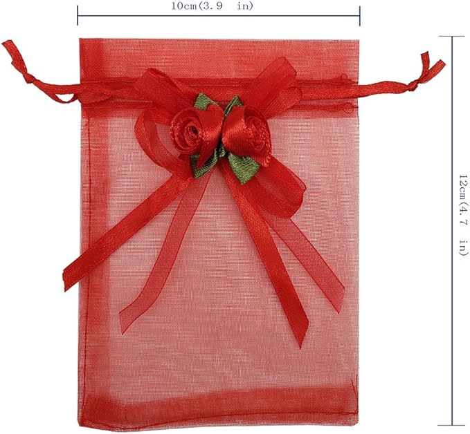 Ankirol 50pcs Sheer Organza Favor Bags For Wedding 3.8x4.8'' Gift Bags Samples Display Drawstring Rose Pouches (hot red)