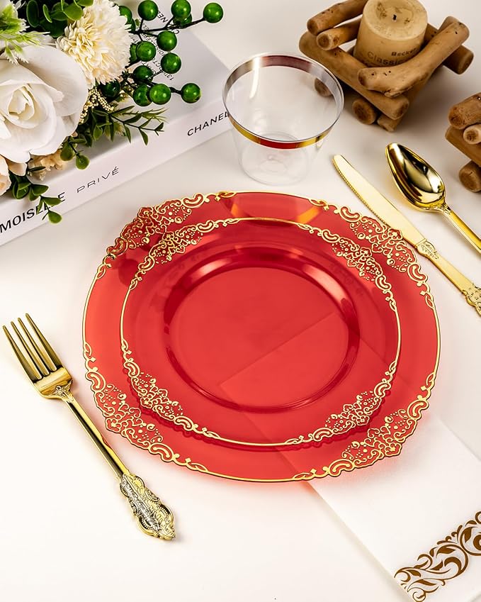 Goodluck 350 Piece Red Dinnerware Set for 50 Guests, Fancy Disposable Plates, Include: 100 Red Rim Plastic Plates, 150 Silverwares, 50 Pre Rolled Napkins, 50 Cups for Party, Wedding