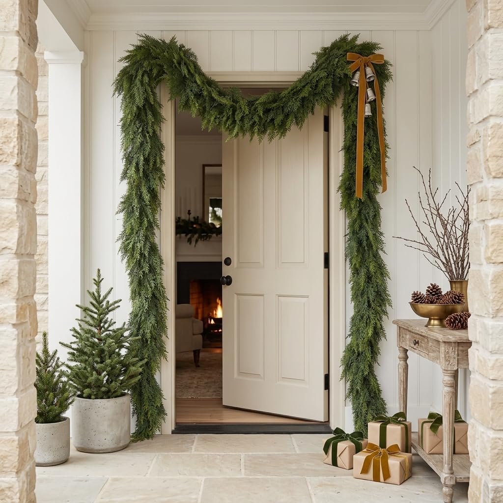 9ft 1pcs christmas cedar garland with lights realistic on a desk or shelf