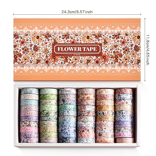 60 Rolls Flowers Theme Washi Tape Set with Different Colorful Patterns, Writable Decorative Tapes for Scrapbooking, Bible Journaling, Bullet Journaling, 0.39'' x 79'' per Roll