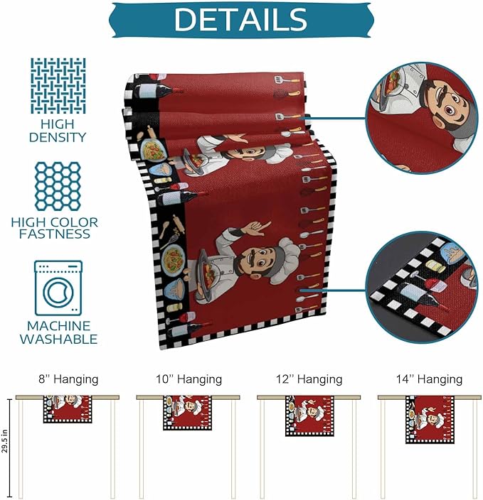 Red Chef Gourmet Cotton Linen Table Runner for Dining Kitchen, Wedding Outdoor Party Tablerunners Decoration, Black White Check Plaid Funny Kitchen Dresser Scarf Coffee Tablecloth Runners 13x48 Inches