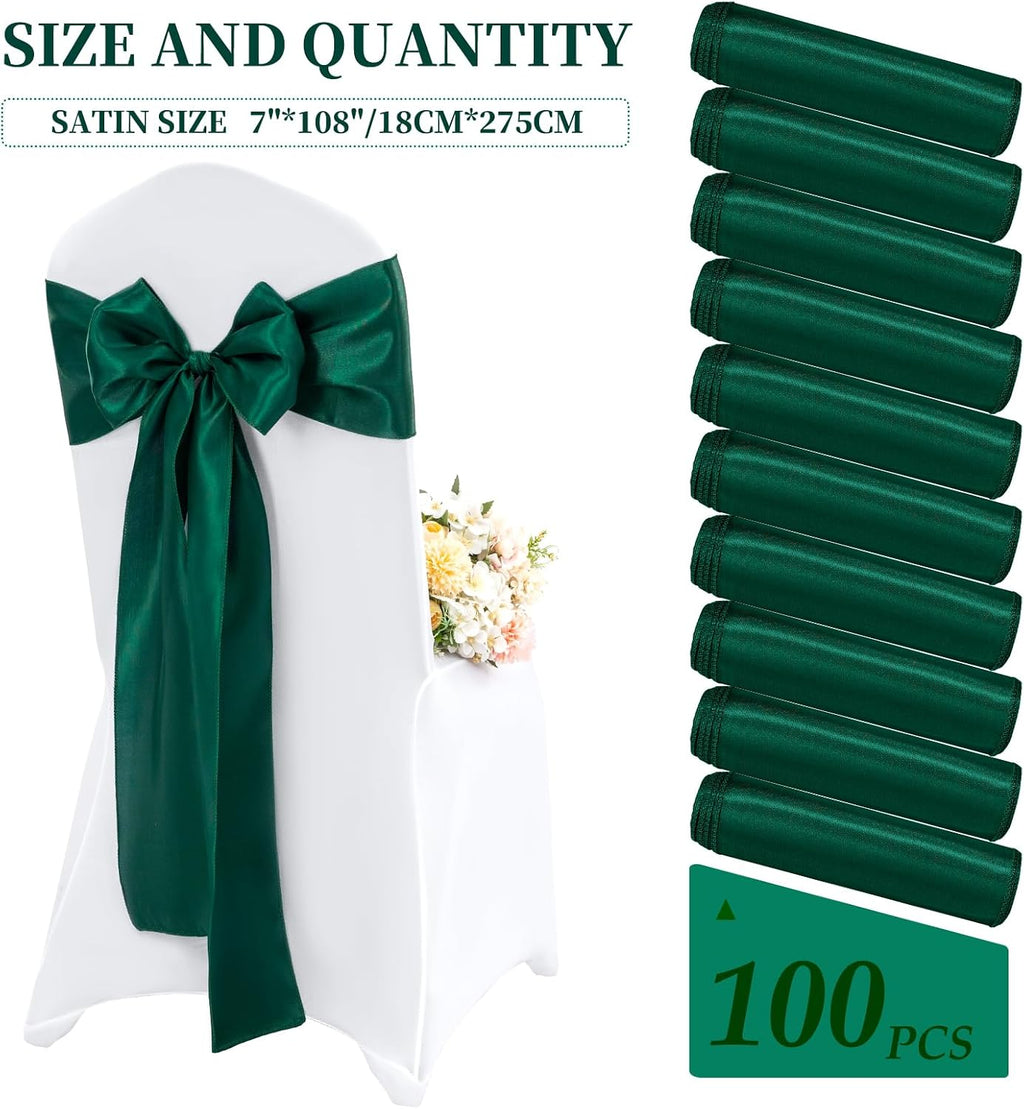 100 Pieces Emerald Green Satin Chair Sashes for Wedding Reception Party Hotel Home Kitchen Decoration-Emerald Green