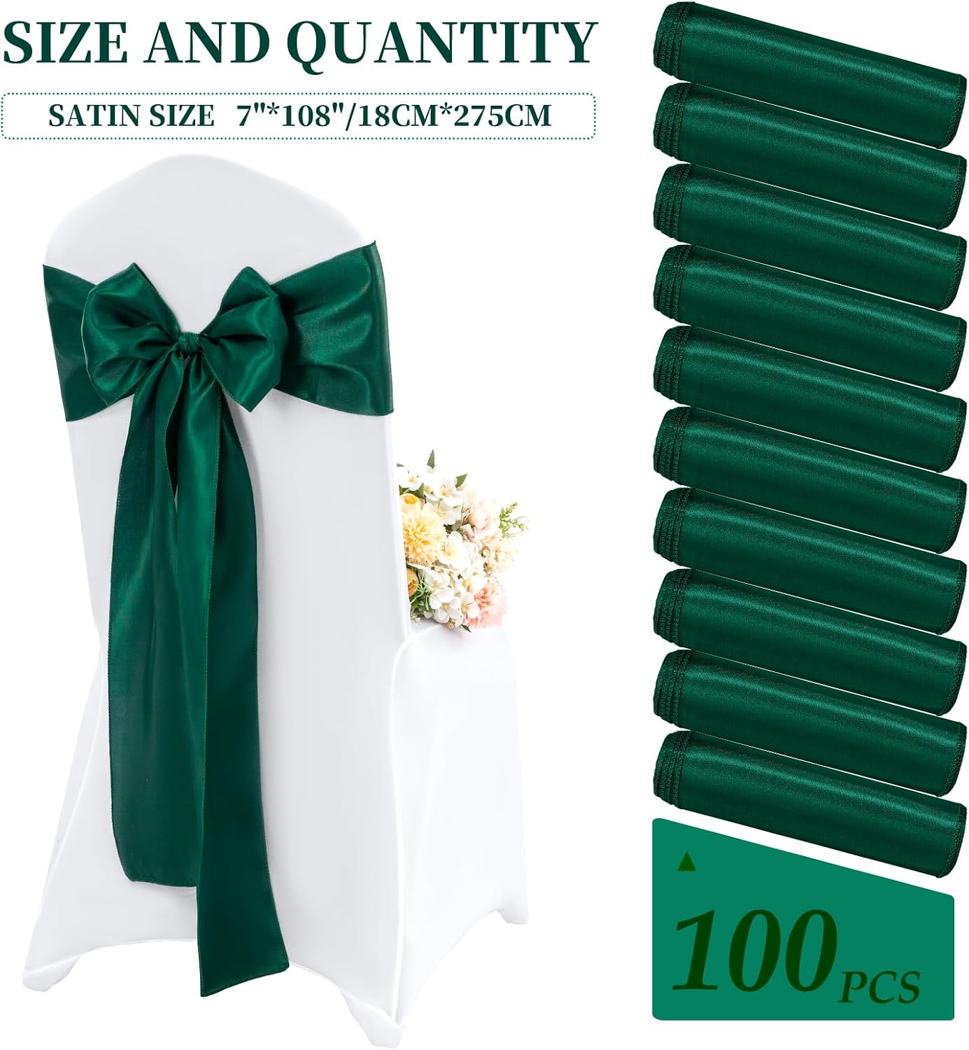 100 Pieces Emerald Green Satin Chair Sashes for Wedding Reception Party Hotel Home Kitchen Decoration-Emerald Green