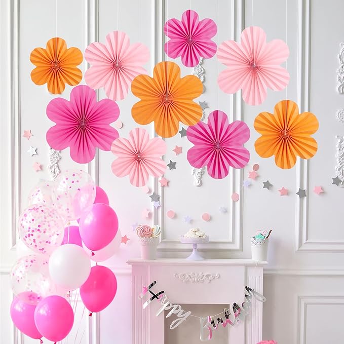 SUNBEAUTY 9 PCS Pink and Orange Party Decorations Pink Party Decorations Paper Fans Party Decorations Sunset Party Decorations Flower Party Decorations Paper Flowers Decorations for Wall