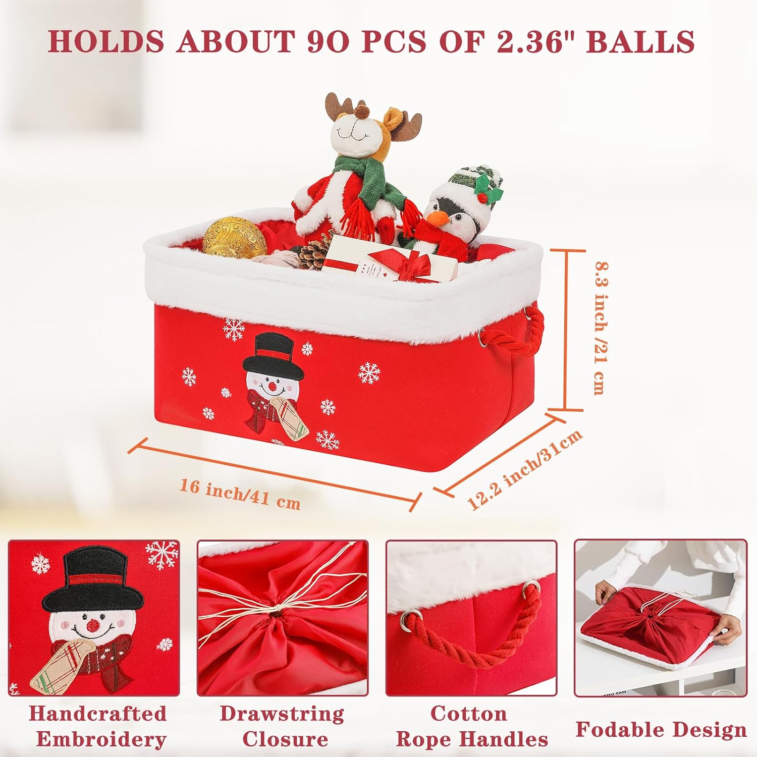 Christmas Gifts Baskets Empty Christmas Ornament Box Xmas Storage Baskets Canvas Toys Organizer Bin for Holiday, Snowman Raffle Basket Foldable Baskets for Nursery/Living room, Kids Toy Chest, Large