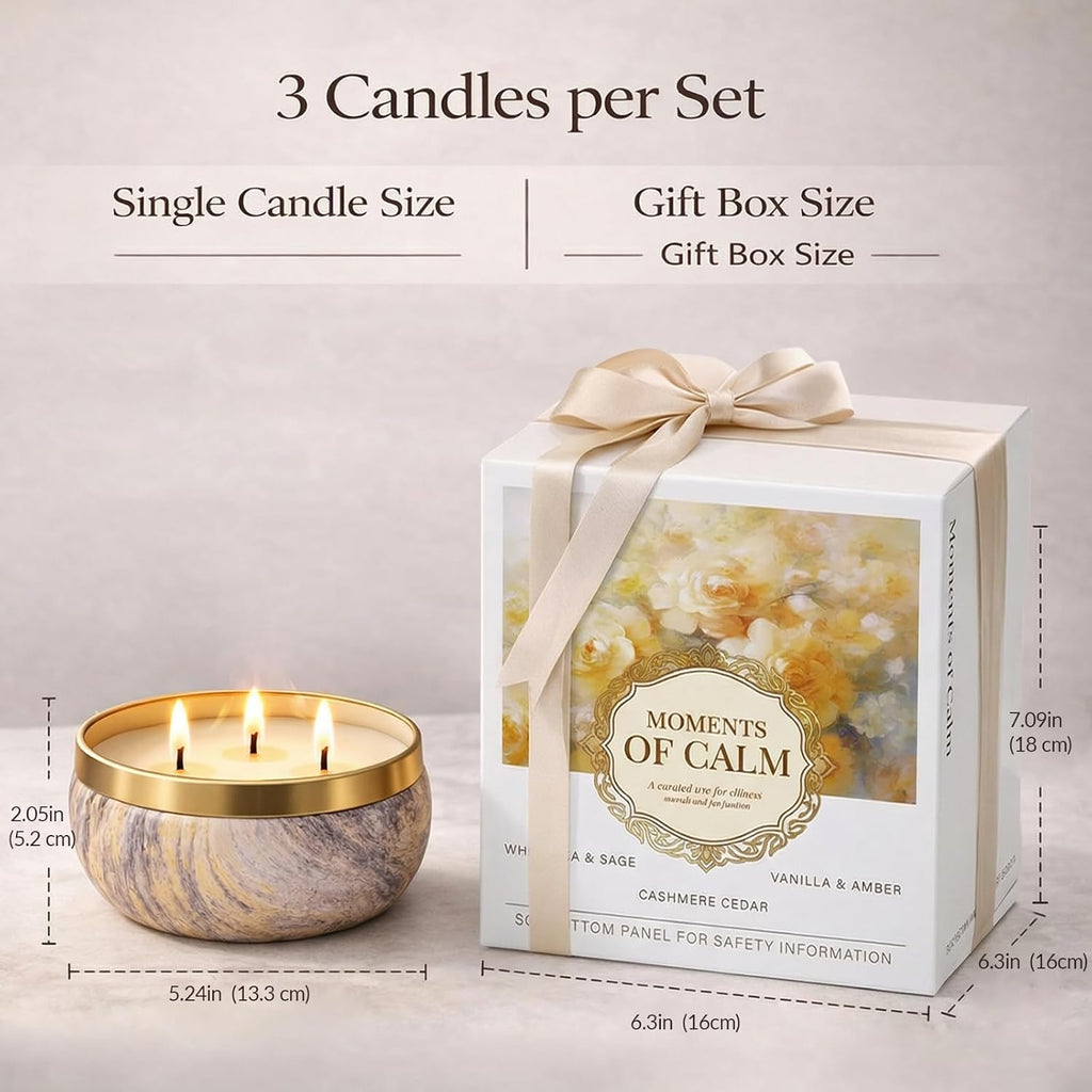 YMing 3-Wick Candle Gift Set, 3 Pack, 14 oz Each, Scented Candles for Home, White Tea & Sage, Vanilla & Amber, Cashmere Cedar