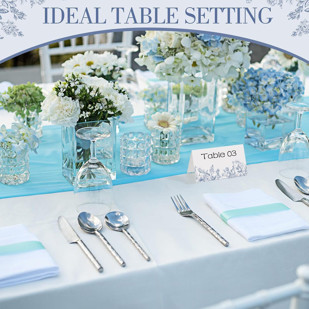 Dunzoom 100 Pcs Blue Floral Place Cards 3.5" x 2" Chinoiserie Blue White Flower Tented Name Card Blank Table Name Sign for Wedding Baby Shower Birthday Party Banquet Table Setting Supplies