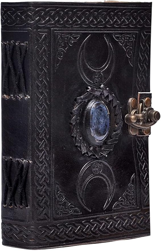 cuero 3 Moon Blue Lapiz Embossed Vintage Leather Journal for Men & Women - 140 Pages, Antique Handmade Deckle Edge Vintage Paper, Leather Journal Writing Notebook Dairy Gift (7 inch by 10 inch, Black)