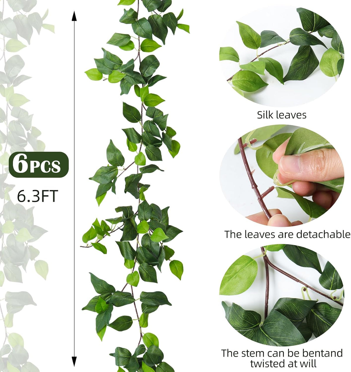 recutms 6pc fake vines artificial ivy garland silk, side view